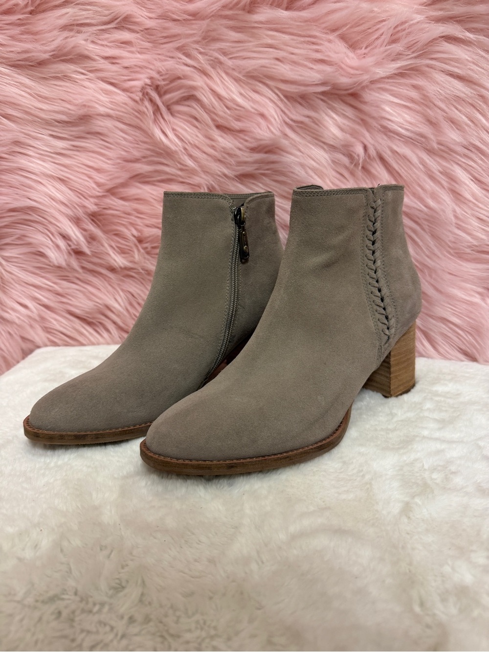 Blondo Taupe Suede Ankle Booties with Braided Side Detail